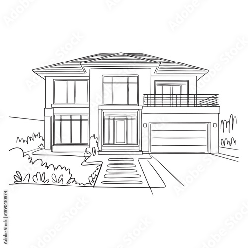 Black and white line of a small white house with a sloped roof and steps line house cottage