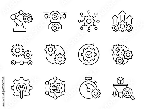 Industrial Robotics line icon set. Collection of robotic arms, manufacturing processes and factory automation outline vector symbols with editable stroke.