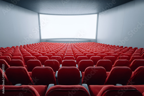An empty movie theater auditorium with numerous red seats facing a large, curved, blank white screen. The architecture is modern
