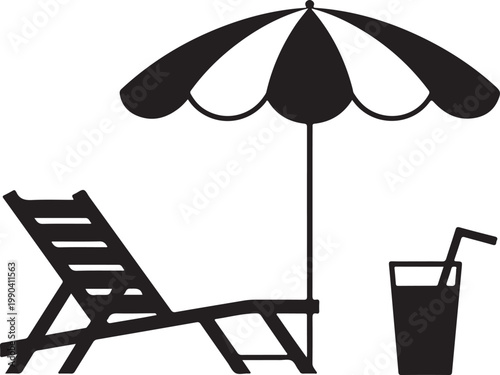 Beach essentials illustration with umbrella, deck chair, and drink, perfect for summer vacation and relaxation themes.