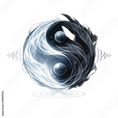 Yin yang symbol with swirling blue and white cosmic elements