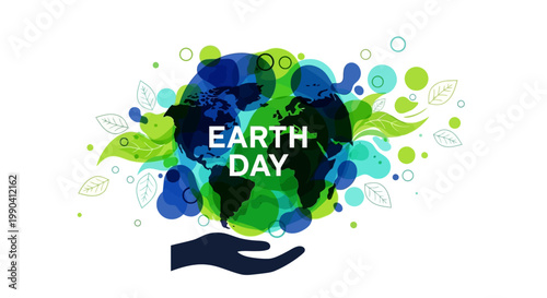 Earth Day Poster Design with Hand Supporting Abstract Globe and Leaves