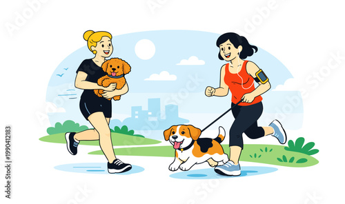 Women enjoying a walk with their dogs outdoors. Playful pet lifestyle illustration isolated on white. Two owners move through an open outdoor setting with their small dogs in a cheerful.