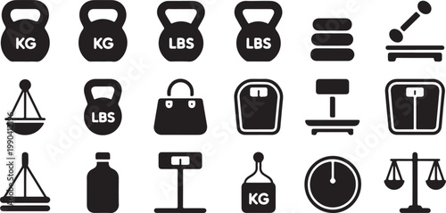 Weight and scale icon collection including kettlebells weighing machines and balance scales for fitness gym and mass measurement.