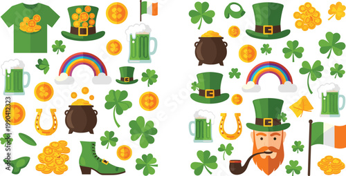 St Patrick’s Day Icon Set with Leprechaun Hat Beard Beer Mugs Rainbow Gold Coins Horseshoe Shamrock and Irish Festival Symbols for Designs