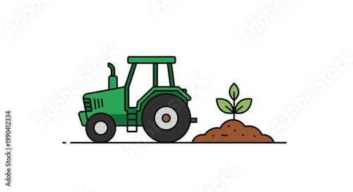 Green tractor and seedling illustration on white background agricultural concept