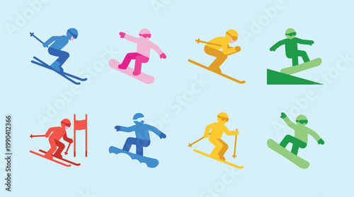 Colorful Skiers in Action on Snowy Mountain.