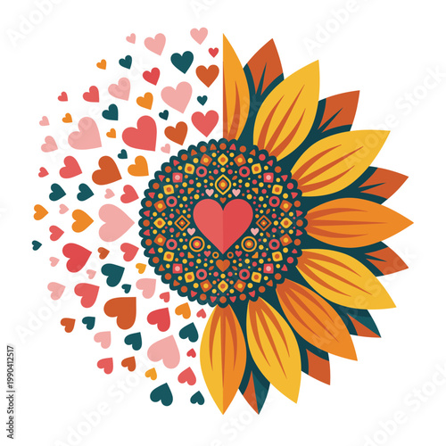 Radiant sunflower mandala bursting into floating hearts uniting warm golden petals joyful romance and decorative symmetry in a playful love inspired floral emblem full of uplifting energy
