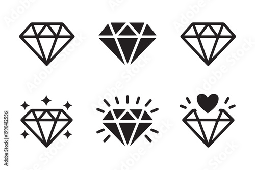 Collection of diamond line icons including sparkling and heart themed jewelry illustrations.