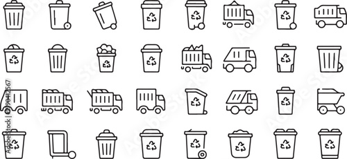 Collection of garbage and waste management icons including trucks and bins.