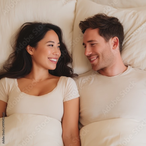 A happy couple lies in bed smiling warmly at each other, sharing a tender and intimate moment of connection.