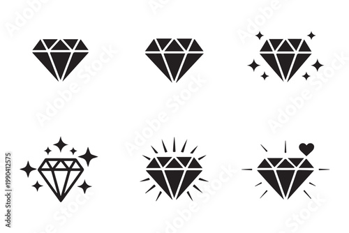 Set of black diamond icons with sparkle and heart elements on transparent background grid.