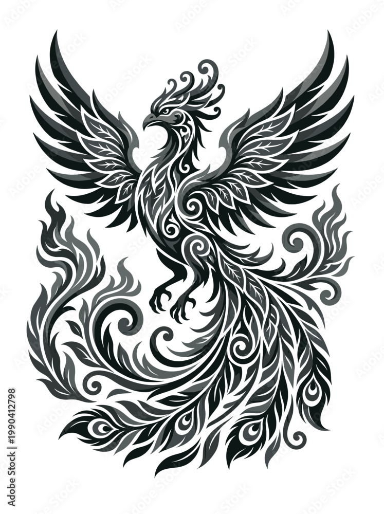 Fototapeta premium Monochrome phoenix emblem rising in swirling feather flames and silver tribal curls