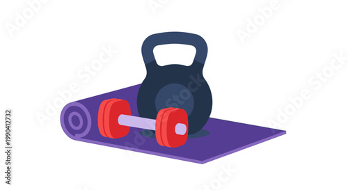 Gym equipment on a purple yoga mat for fitness and exercise routine