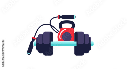 Gym equipment illustration dumbbell kettlebell and jump rope on white