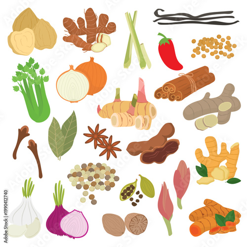 Cooking spices and herbs vector illustration set. Cartoon vector organic food cooking ingredients and seasoning isolated in white background.