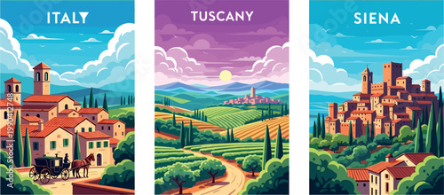 Illustration of Tuscany landscape Italy Siena travel poster