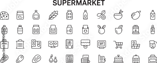 Supermarket icons featuring grocery products food items shopping cart retail store supplies market goods and consumer merchandise.