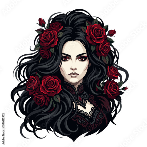 Gothic dark feminine portrait framed by deep red roses and raven hair in dramatic elegance
