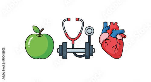 Healthy lifestyle concept apple stethoscope dumbbell and anatomical heart