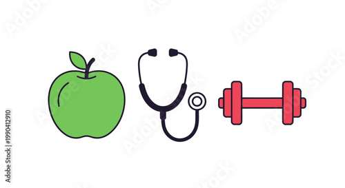 Healthy lifestyle concept illustration with apple stethoscope and dumbbell