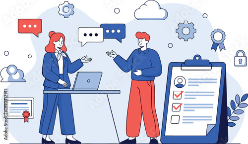 Illustration of Businessmen discussing on laptop at office desk