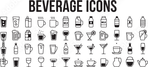 Beverage icons vector set. line art style. drinks and liquids such as milk, water, beer, coffee, tea, juice.