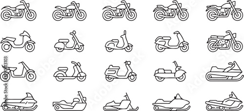 Motorcycle and scooter icons in thin line art style on transparent background for vehicles and transport.