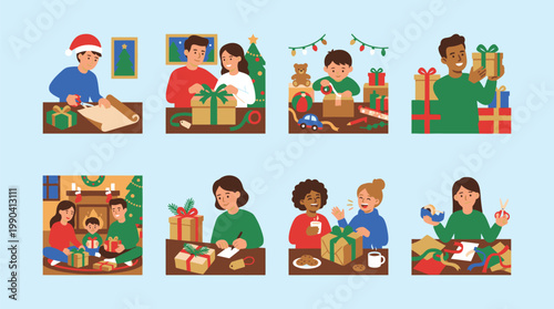 People Celebrating Christmas with Gifts and Decorations.