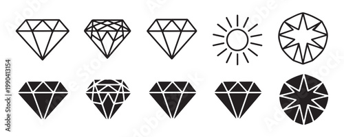 Collection of diamonds and sun symbols outlined and solid on transparent background.