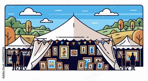 An outdoor art exhibition under a large tent showcases framed artworks