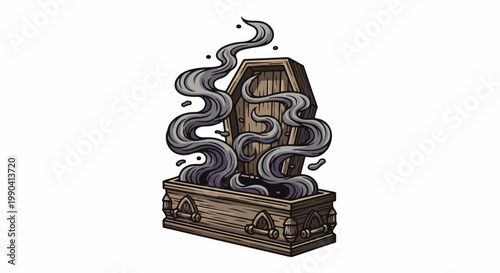 Spooky open coffin with wisps of dark smoke rising into the air