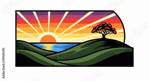 Vibrant sunrise over rolling hills and serene water, with a solitary tree