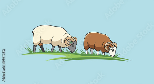 Two cartoon sheep with curly horns graze on a grassy hill under a blue sky