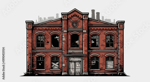 Abandoned brick industrial building with broken windows and boarded entrances