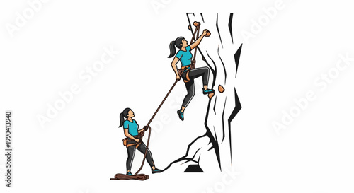 Two women are climbing an artificial rock wall with ropes and harnesses for support and safety