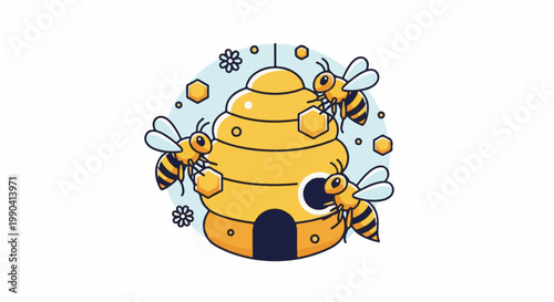 Cartoon bees buzzing around a yellow hive, collecting honeycomb