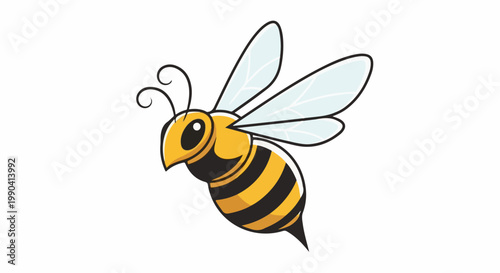 A stylized, cartoon-like bee with yellow and black stripes, clear wings, and antennae
