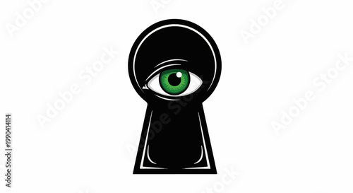 A watchful green eye peers through a black keyhole cutout against a white background