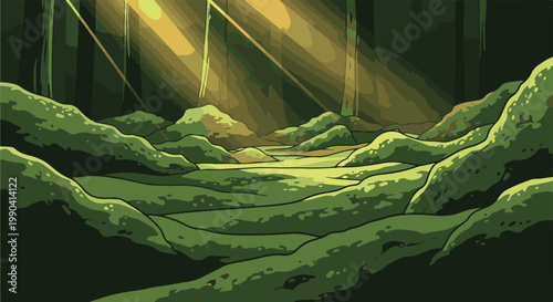 Pixel art forest scene with dappled sunlight filtering through trees onto mossy terrain