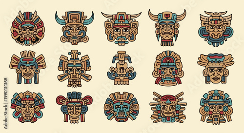 Colorful pixelated ancient tribal masks with intricate headdresses and facial features