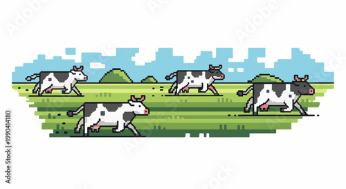 Pixelated herd of cows grazing in a field under a blue sky with clouds