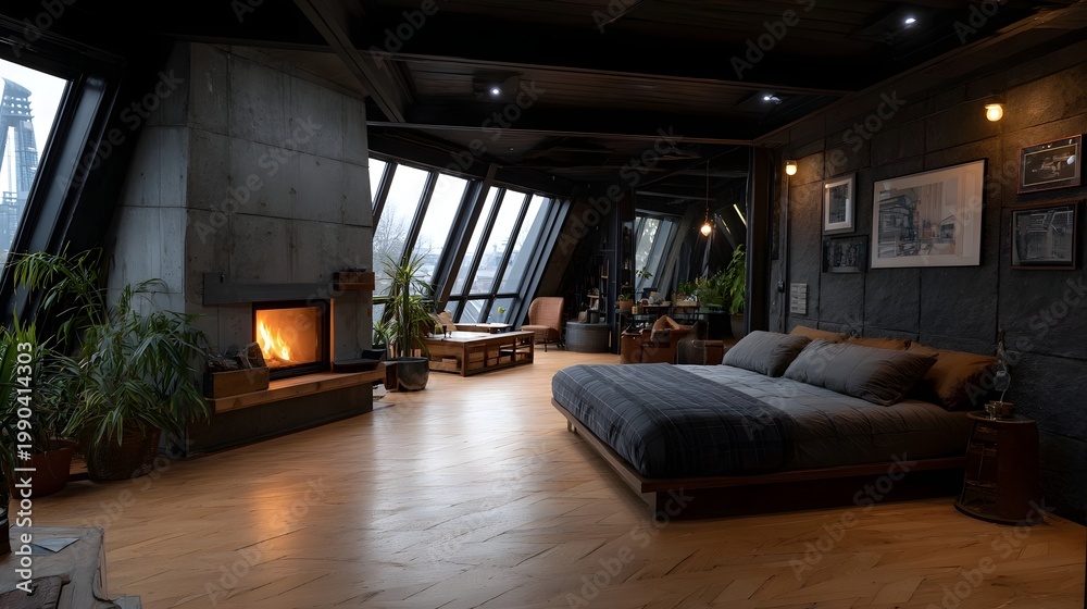 Obraz premium Modern luxury bedroom featuring a panoramic window view combining industrial concrete elements with cozy natural warmth