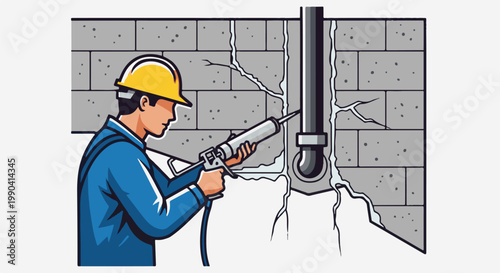 Worker sealing cracks in a wall around a pipe with a caulking gun