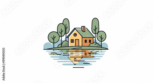 A simplistic illustration of a house with a green roof, surrounded by trees, reflected in water