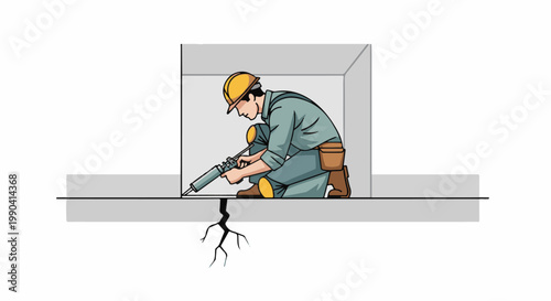 Construction worker seals a crack in a concrete floor with a sealant gun