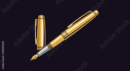Elegant golden fountain pen with cap on dark background, classic writing tool