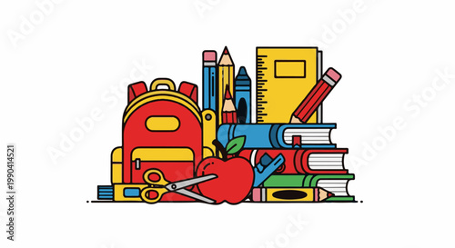 A colorful stack of school supplies, including a backpack, books, pencils, and an apple