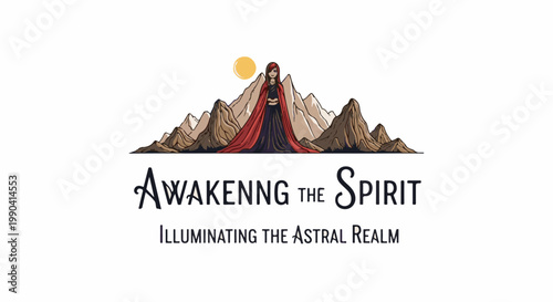 Mystic figure in flowing robes stands before mountains under a radiant sun