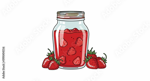 A glass jar filled with strawberry jam and surrounded by fresh strawberries